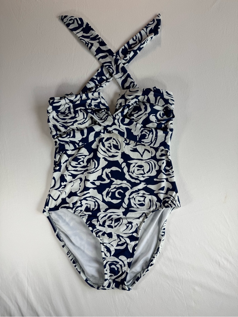Tommy Hilfiger Navy Blue & White Graphic Floral Halter One-Piece Swimsuit - M